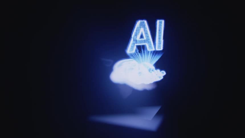 The fingers of a digitized hand open as the letters ai rotate in a beam above the palm