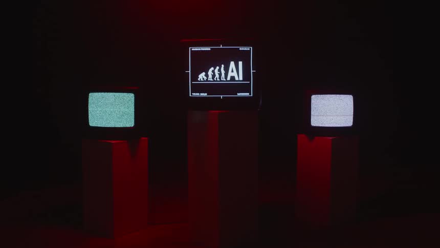 Televisions displayed on pillars with one showing evolution of artificial intelligence