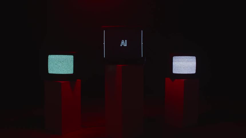 Three television screens on pedestals with static and text across the screens