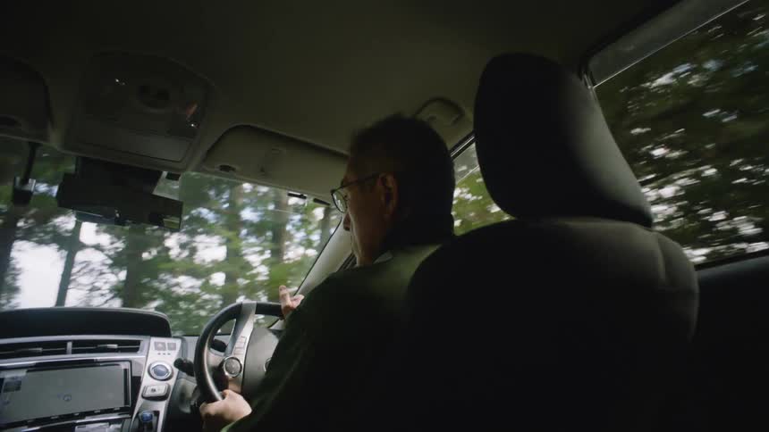A man is driving a vehicle during the spring time