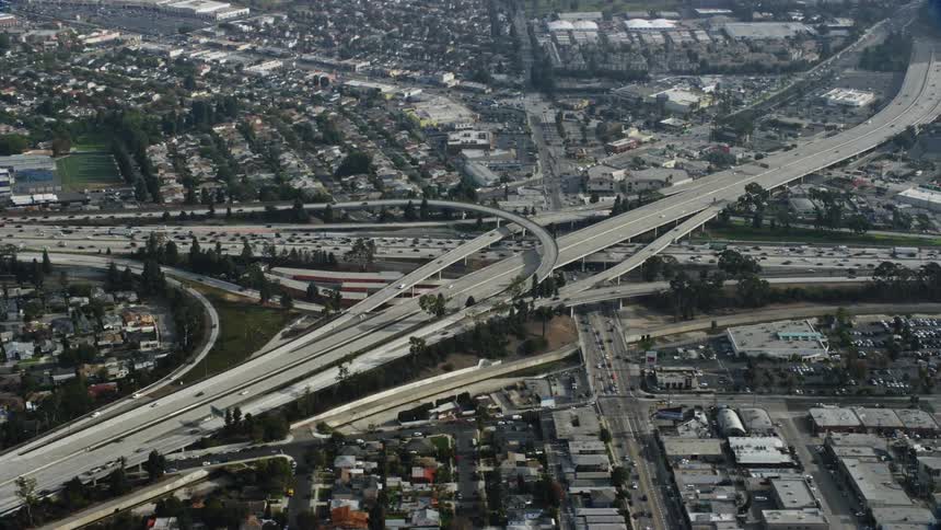 Aerial shot of the 405 and Hwy 2 Interchange in Westchester California captured during a cloudy day in the summer