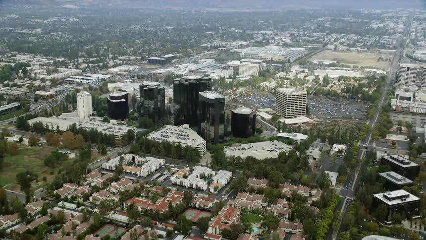 Aerial footage of modern office buildings in Warner Center Woodland Hills CA