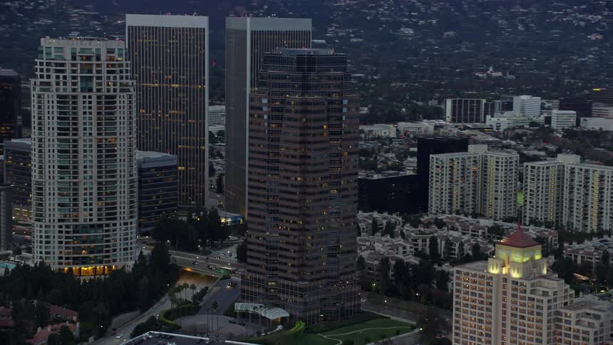 A stunning aerial shot of Fox Tower in Century City California captured during twilight using a Shotover F1 camera