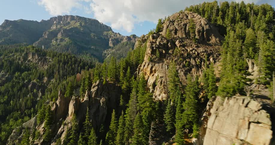 An orbiting aerial view of a mountainous cliffside with trees along the mountainside