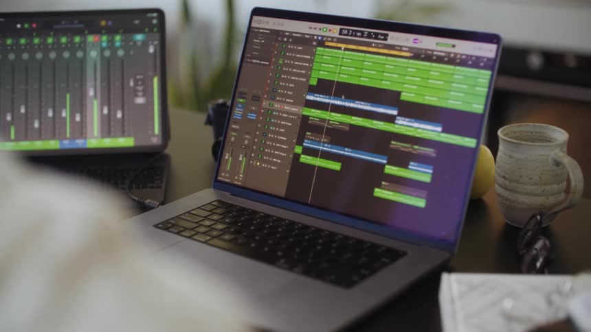 A man runs computer programs on two separate laptops