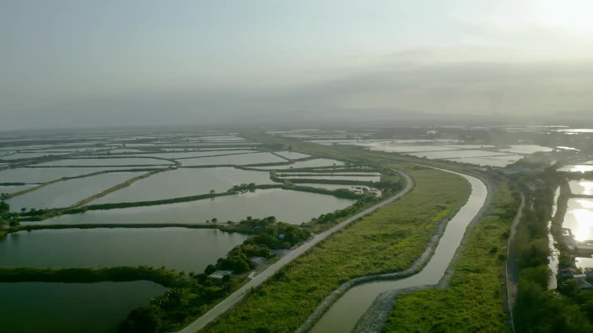 Lakes are divided by long tracks of grass