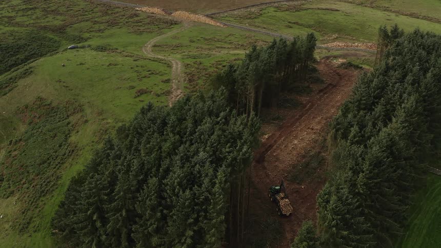An aerial of a truck driving out cut down trees from a forest area being cleared