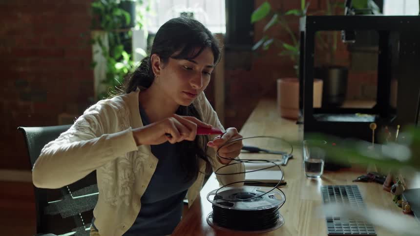 A young woman uses a box cutter to strip the end of a black wire