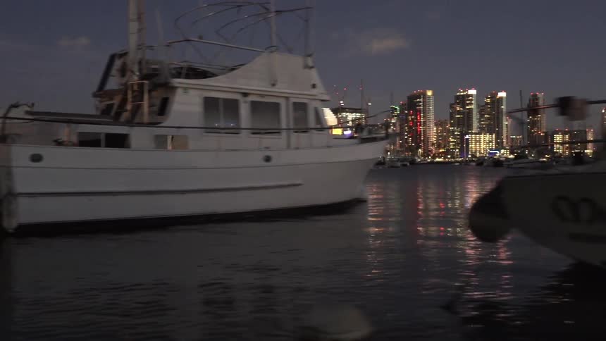 Boats are docked near a city at night