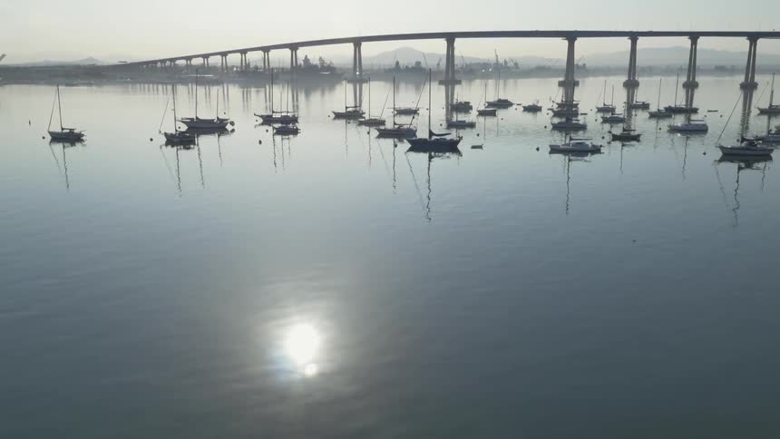 The water is calm and many boats are docked near this bridge