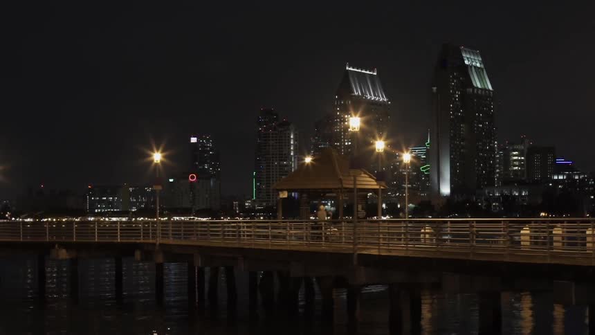 A pier is in front of a brightly lit city at night