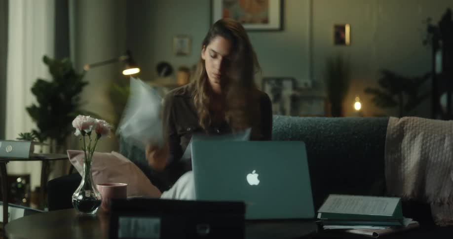 Time lapse of woman with brown hair sitting on couch and working on laptop and paperworks in the living room