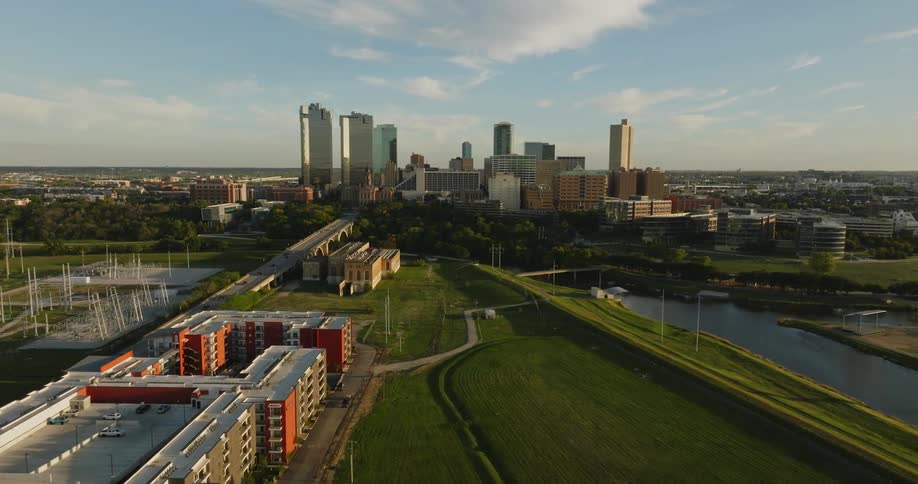 An aerial view of buildings and skyscrapers in a city