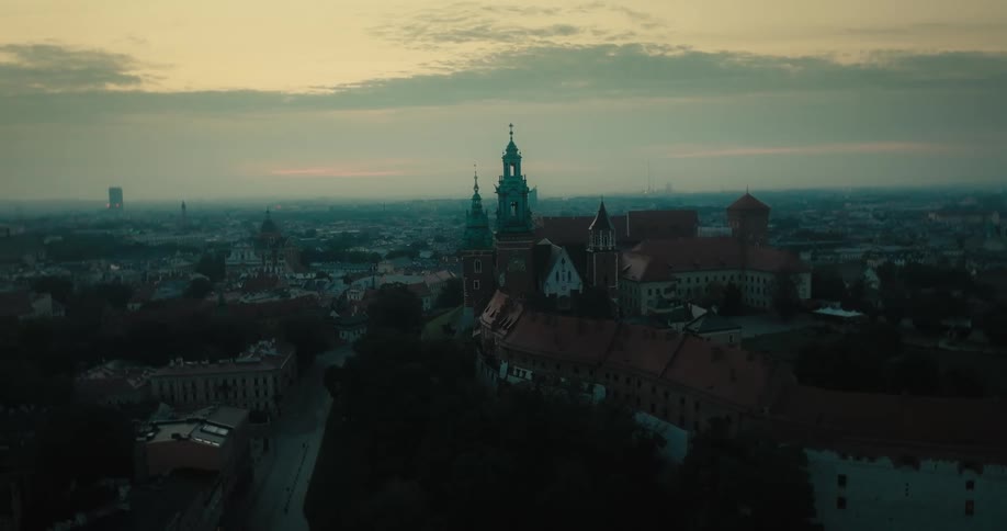 Aerial view of a sunset over an European castle