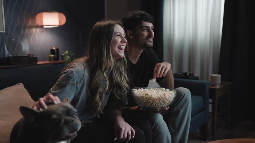 Young couple sitting on the couch with a dog eating popcorn while watching movies