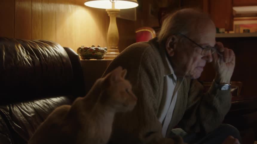 An older man sitting on his couch petting his cat leaning forward taking his glasses off and typing on a laptop