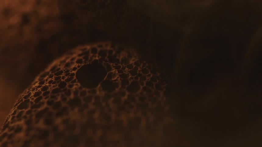 A porous object is illuminated briefly as a mist gently passes over it