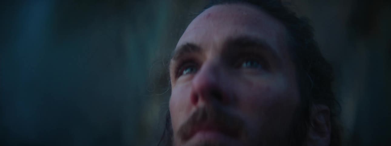 Man with beard and long hair looks up at sky at dusk