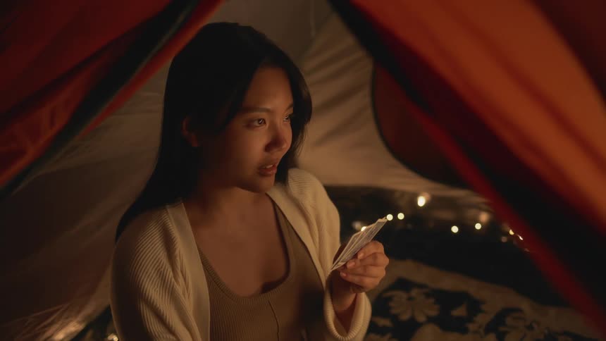 A woman sitting in a tent holding cards in her hand looking forward and talking