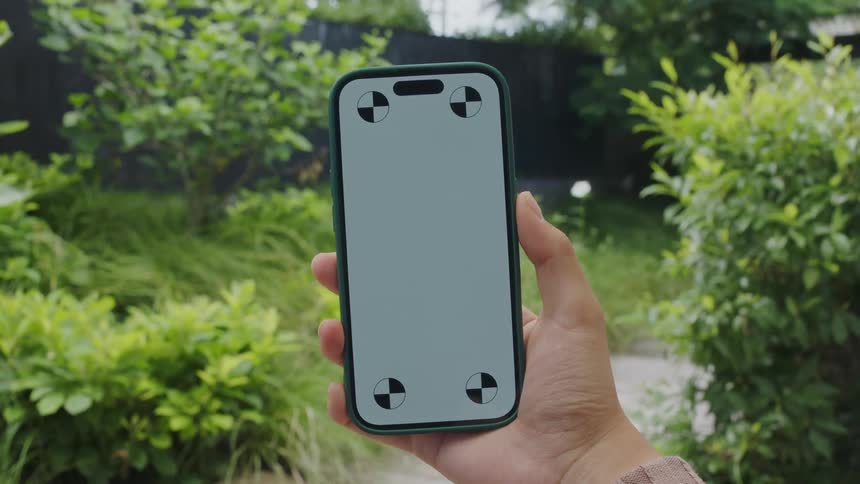 A teenager is standing outside holding a cell phone with a gray screen