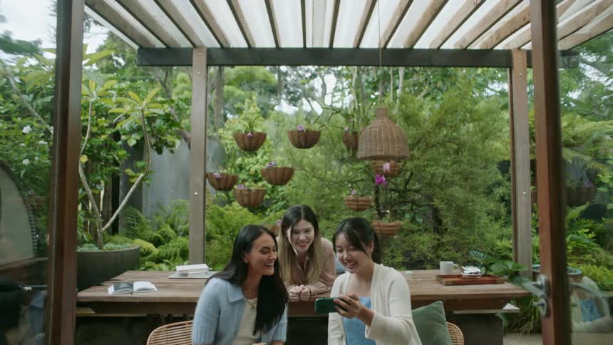 Friends are hanging outdoors and taking pictures with there phone
