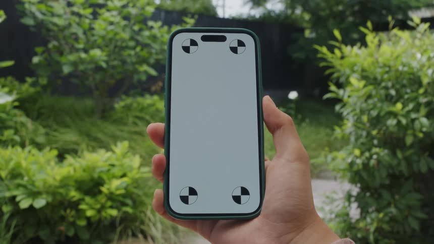 Close up of a hand holding a smartphone with a replaceable screen in a garden