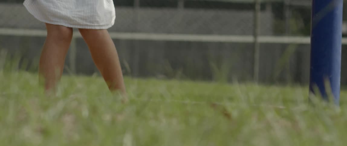 A person is swinging above the grass