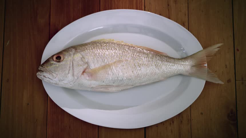 A fish is lying on a white plate on a wood floor as its eye looks up