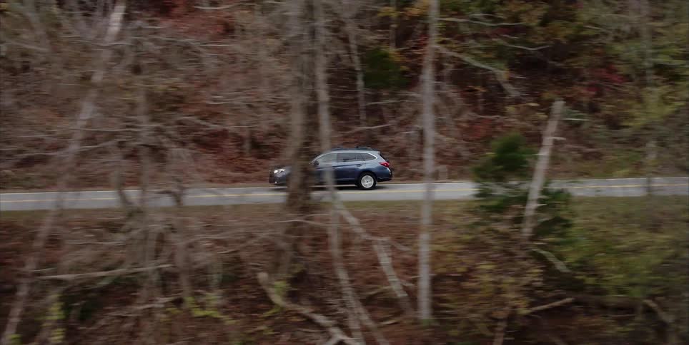 Car drives on the forest highway in the fall woods