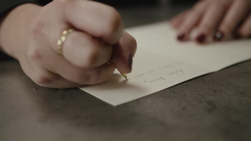 A woman is sitting at a table writing inside a card