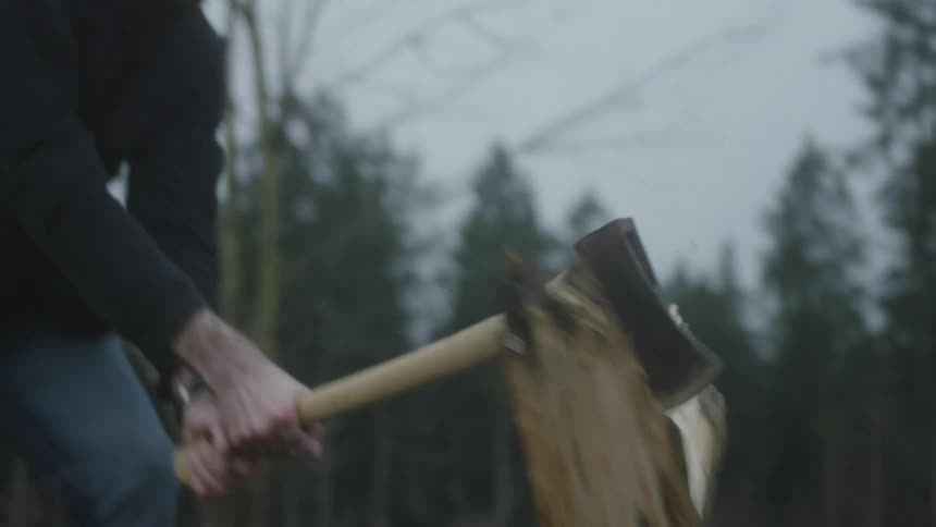 Man outdoors chopping wood with an axe on a tree stump