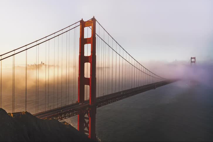 Time lapse aerial view of golden gate bridge in san francisco at sunrise or sunset