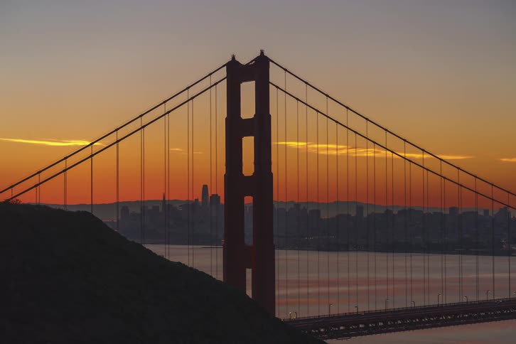Time lapse of a suspension bridge in front of the city skyline at sunrise