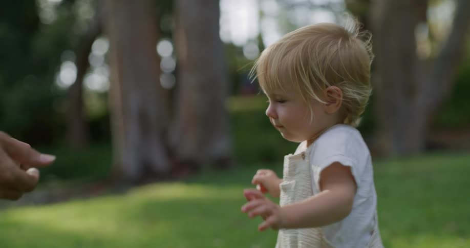A toddler walks staggeringly towards an adult holding their hands out