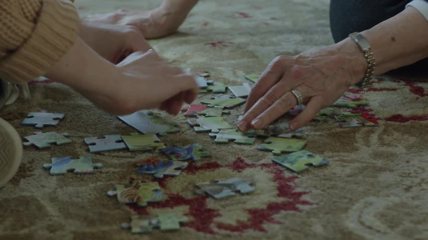 Elderly woman and young woman sitting on carpet do puzzle in the living room