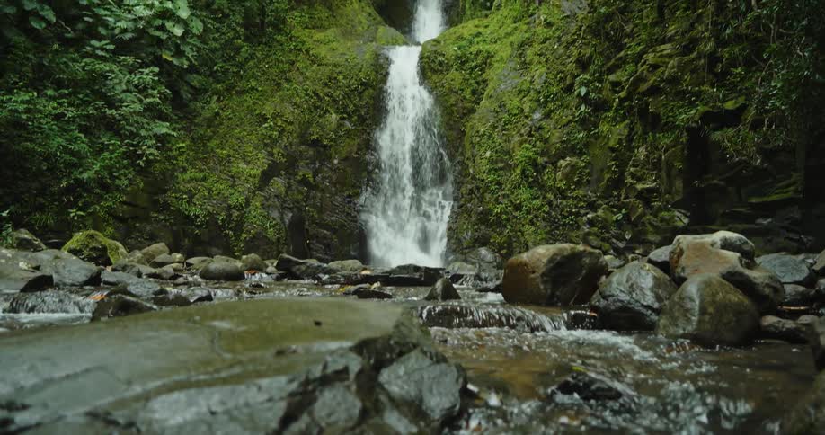 A waterfall during the spring time is displayed
