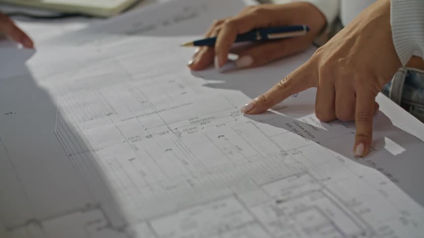 A close up of a building plan on paper as peoples hands are pointing at lines on the paper