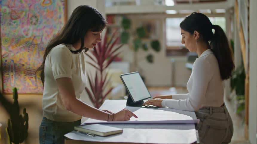 Two friends are talking together while standing indoors
