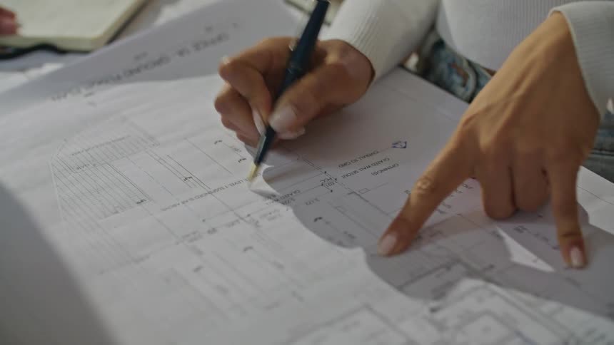 A woman is sitting at a desk marking plans with a pen as another woman watches
