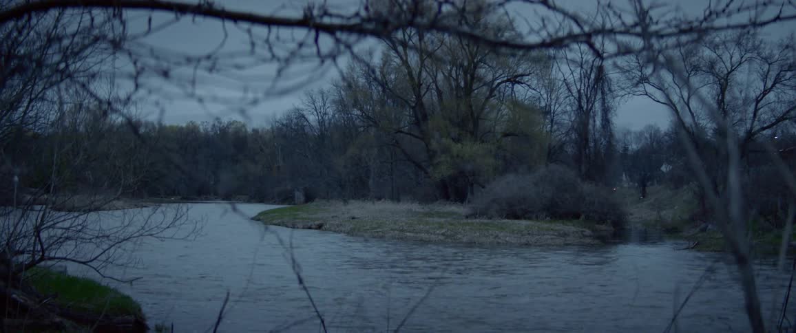 A river with trees and vehicles in the background