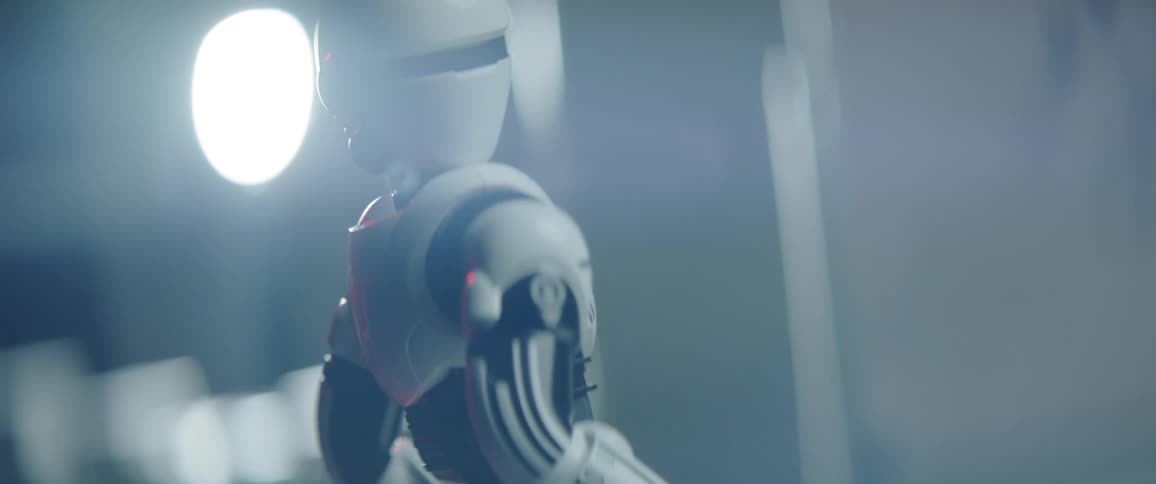Lights flash on the headgear of a robotic man