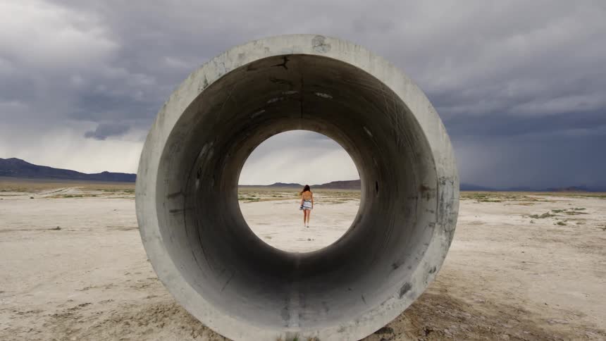 A woman is walking past a concrete tube on the beach