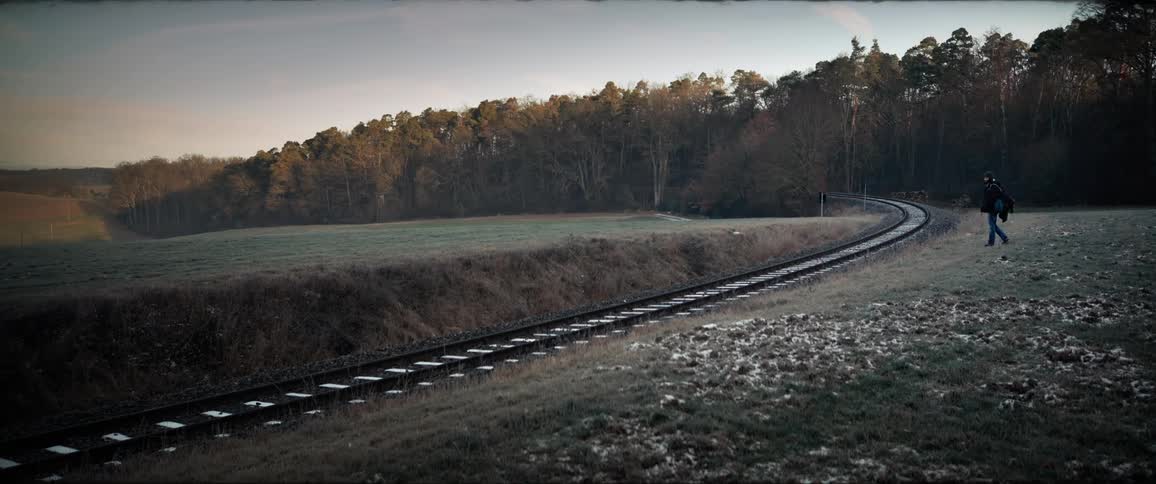 An adult walks over to the railroad tracks in a forested area with a large open field
