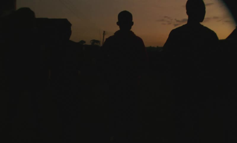 Silhouettes of a group of people walking at dusk