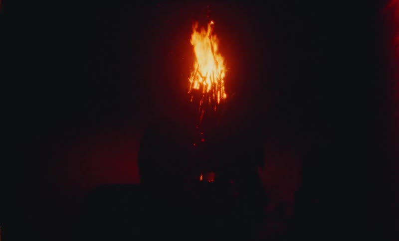 A group of people dancing around bonfire at night