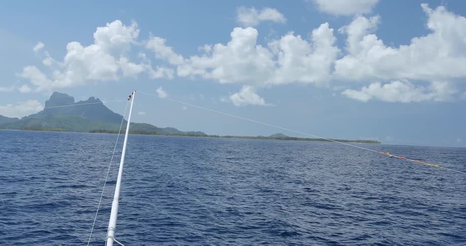 A line and pole are off the side of a boat