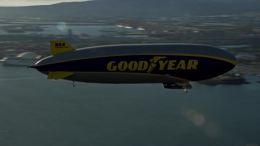 Incredible aerial footage of the Goodyear Blimp flying past Downtown Long Beach during the summer daytime captured using a Shotover F1