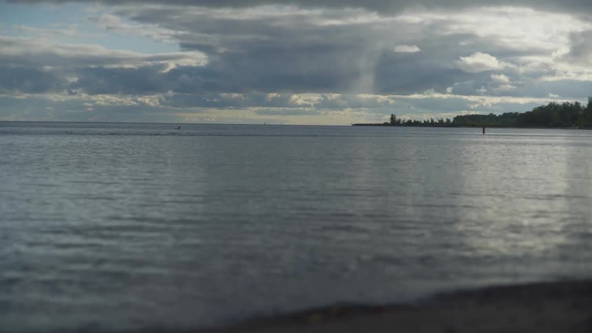 A large lake at the shoreline with distant trees under a partly cloudy sky