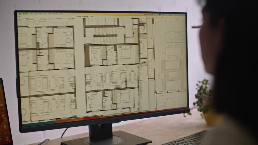 Businessman looks at computer screen working on floor plans at the office