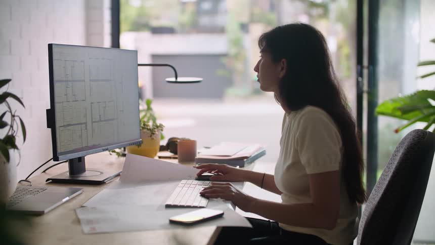 A woman using a computer in an office